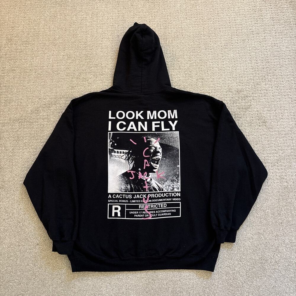 Travis Scott Look Mom I Can Fly Hoodie Black Men’s Sz XL Rated R Cactus Jack